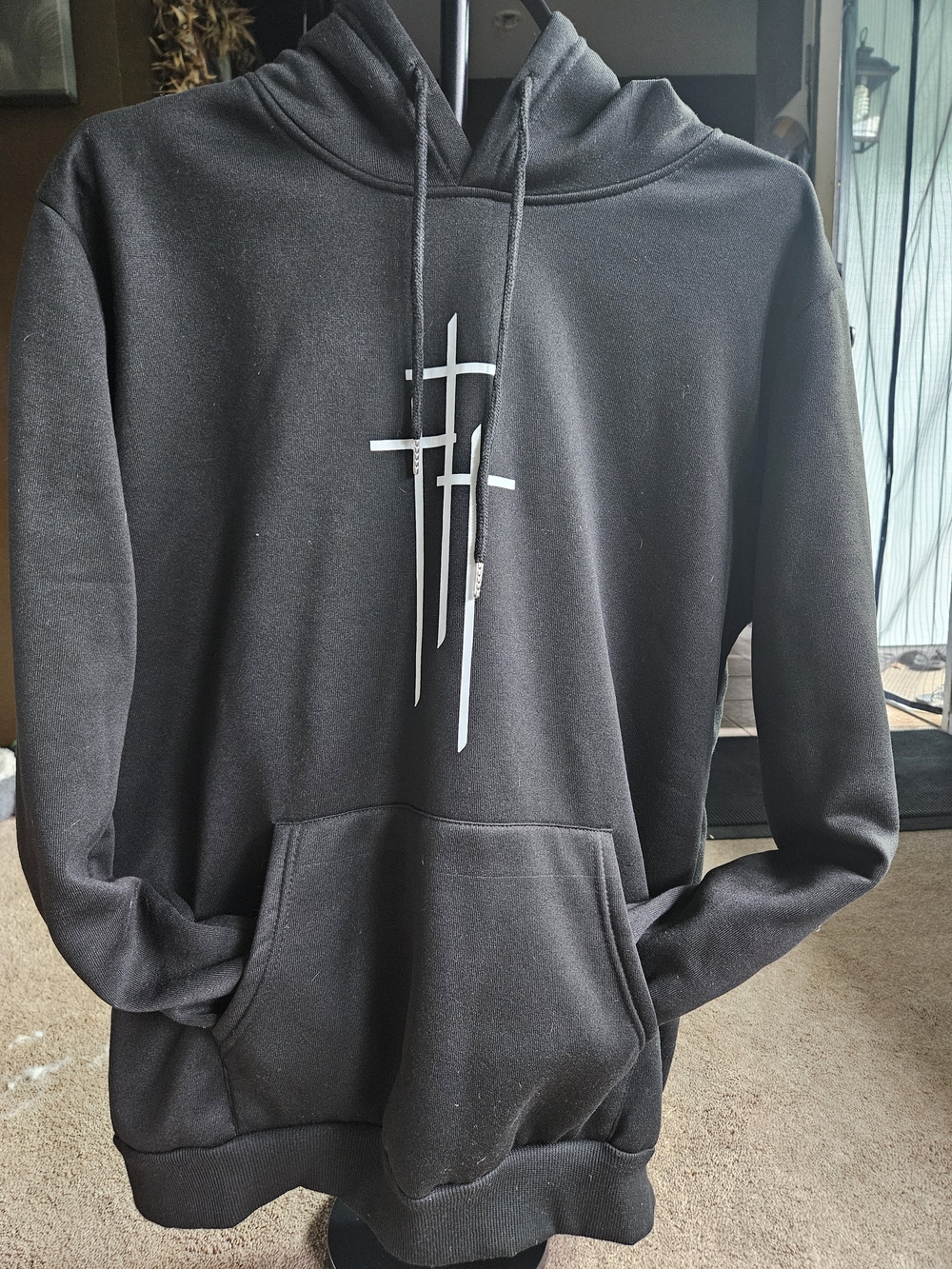 Men's Black Hoodie Sweatshirt with Minimalist Cross Graphic